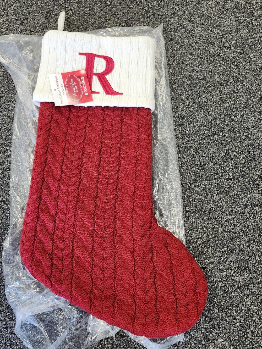 Red Cable-Knit Christmas Stocking with White Cuff - Monogram R